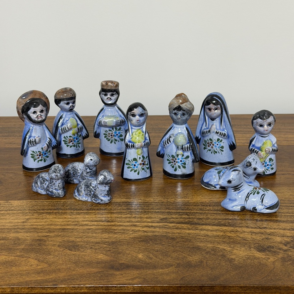 Vintage Tonala Mexico Pottery Nativity‎ Set 12 Piece Ceramic Incomplete Folk Art